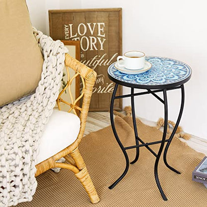 Mosaic Side Table and Plant Stand, 21" Round End Table with 14" Ceramic Tile Top, Indoor & Outdoor Accent Table, Porch Patio Furniture, Entryway & Coffee Table for Home & Garden, Blue Mandala