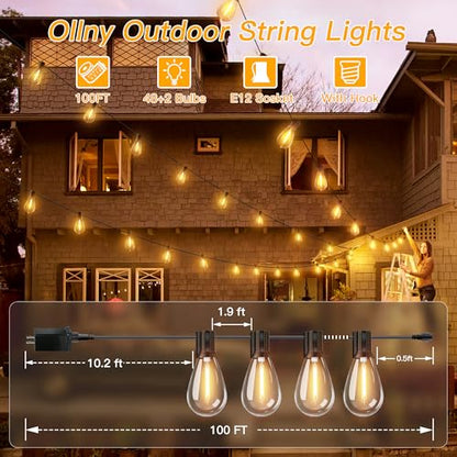 S11 100FT Outdoor String Lights with Remote, Plug in Waterproof Connectable 3 Modes Dimmable Timers Patio Lights with 48+2 LED Spare Bulbs, Dusk to Dawn Outdoor Light for Outside Bistro Yard