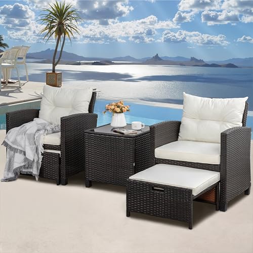 5 Pieces Patio Furniture Set, Outdoor Wicker Patio Conversation Set with Ottoman, All Weather Rattan Outside Chairs with Coffee Table & Cushion for Porch, Garden, Backyard, Beige
