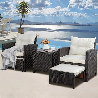 5 Pieces Patio Furniture Set, Outdoor Wicker Patio Conversation Set with Ottoman, All Weather Rattan Outside Chairs with Coffee Table & Cushion for Porch, Garden, Backyard, Beige