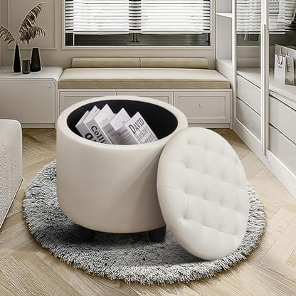 Round Storage Ottoman with Cover Lid Tufted, 19" Round Ottoman with Storage Faux Leather Ottomans for Living Room Bedroom Dorm (Ivory White)