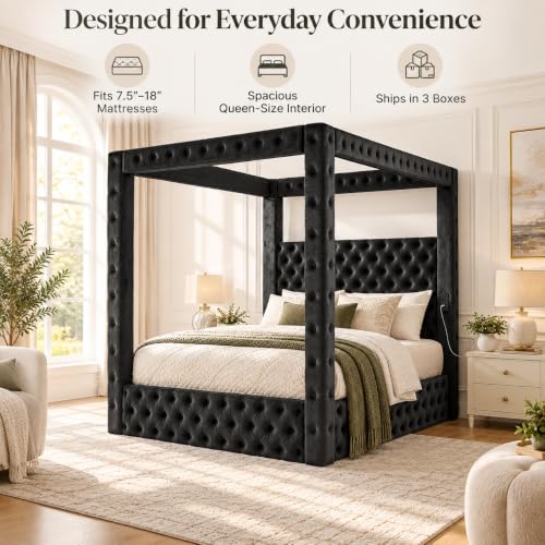 Black Queen Size Canopy Bed Frame with Velvet Upholstered Headboard, view 8