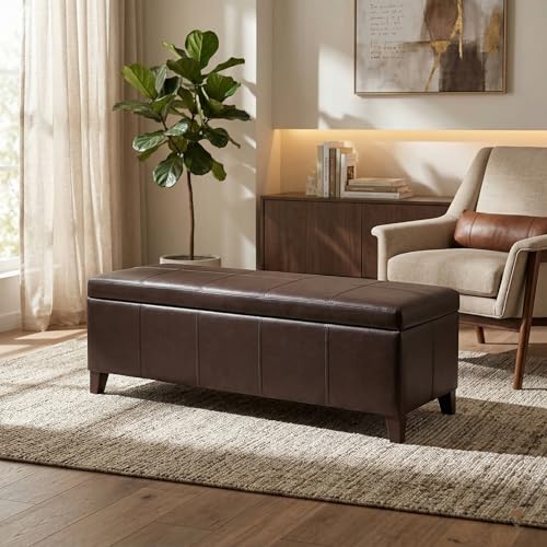 51" Coffee Brown Faux Leather Storage Ottoman | Foot Rest with Hinged Lid, Long Rectangle Bed Bench for Living Room, Bedroom, Entryway