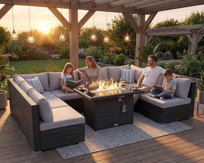 29.3'' High Back Outdoor Patio Furniture Set with Firepit Natural Gas & Propane, 9 Piece Extra Large Conversation Set with Fire Pit Table, Modern Deep Wide Modular Wicker Sofa Couches, Gray