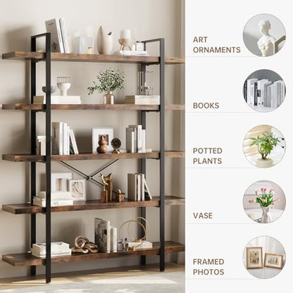 Heavy Duty 5 Tier Industrial Bookcase for Home Office, Rustic Brown, view 4