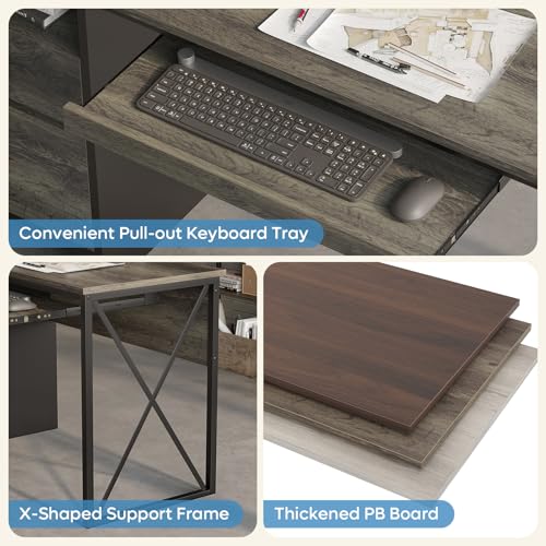 Office Desk with Drawers, 55 inch Industrial Computer Desk with Storage, Wood Teacher Desk with Keyboard Tray & File Drawer for Home Office, Dark Gray Oak