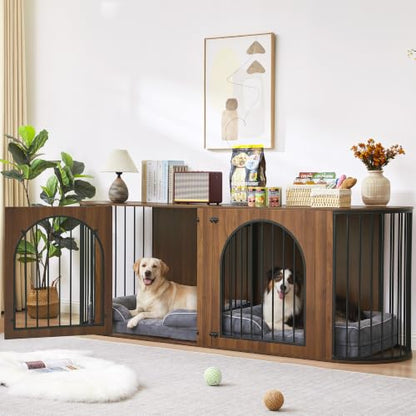 87"Double Dog Crate Furniture for 2 Dogs, Curved Dog Kennel TV Stand,Walnut, view 7