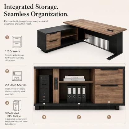 70.86 Inch Large Executive Desk with Drawers Cabinet, L Shaped Office Desk, view 7