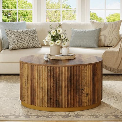 Tribesigns 31.5" Round Coffee Table, Fluted Wooden Center Table with Sturdy Drum Base, Mid Century Modern Furniture for Living Room, Small Space or Office, Rustic Brown