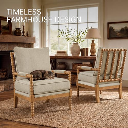 Linen Fabric Spindle Accent Chair with Wood Frame, French Style Accent Chairs with Padded Spring Seat and Armrest Pads, Brushed Base for Living Room Bedroom Farmhouse Office Balcony(Beige)