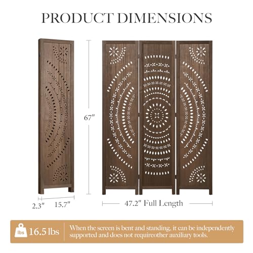 66.9Inch Folding Room Divider, 3 Panels Wood Carved Privacy Screens, view 4