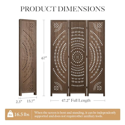 66.9Inch Folding Room Divider, 3 Panels Wood Carved Privacy Screens, view 4