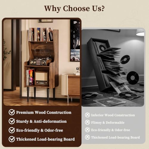 Record Player Stand with Storage, Tall Vinyl Record Storage Cabinet, view 5