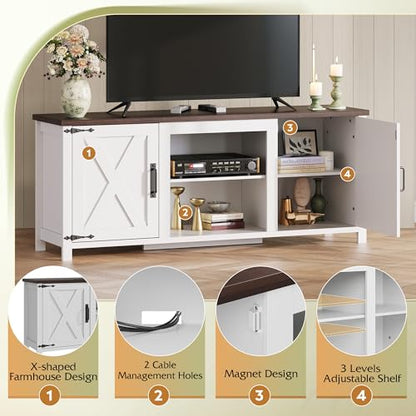 Modern Farmhouse TV Stand for TVs up to 65", Entertainment Center with X-Shaped Barn Doors, Large Storage Media TV Console with Adjustable Shelves & Cable Holes for Living Room, White