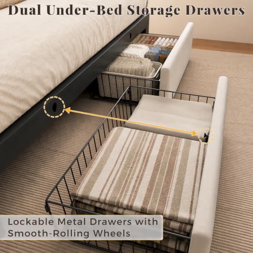 Queen Bed Frame with 2 Storage Drawers, Light Beige Velvet Upholstered, view 5