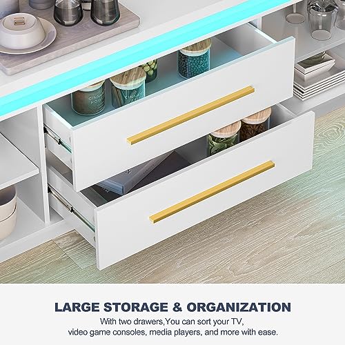 67" TV Stand for TV up to 75", Modern Entertainment Center with LED Lights Change to Melody of Music, Media Console Table with Cabinets and Drawers for Living Room, Bedroom - Studio (White)