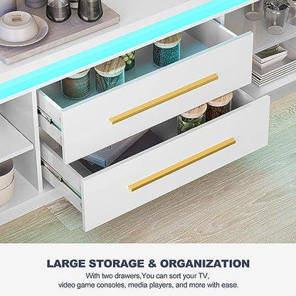 67" TV Stand for TV up to 75", Modern Entertainment Center with LED Lights Change to Melody of Music, Media Console Table with Cabinets and Drawers for Living Room, Bedroom - Studio (White)