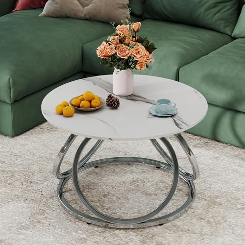 Silver Coffee Table, Round Coffee Table Faux Marble Veins, Modern Center Table with Chrome Finish, for Living Room, Home Office, 1 PC