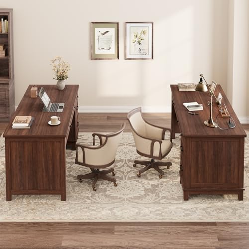 Executive Desk with Drawers, Farmhouse Home Office Desk with Charging Station, 53.54 in Wooden Computer Desk with File Cabinet Storage for Work Study Writing,Walunt Brown
