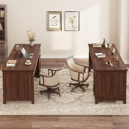 Executive Desk with Drawers, Farmhouse Home Office Desk with Charging Station, 53.54 in Wooden Computer Desk with File Cabinet Storage for Work Study Writing,Walunt Brown