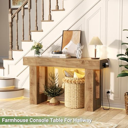 47" Entryway Table with Socket and Sensor Light, Narrow Console Table with Storage Behind Couch, Farmhouse Entry Way Tables with Open Storage for Entrance/Hallway/Living Room, Natural Oak