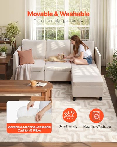 Modular Sectional Sofa, 3-Seater Modular Sofa with Hidden Storage, Customizable Cloud Sectional Couch with Ottoman, Solid Wood Frame Upholstered Couch for Living Room, Bedroom, Beige