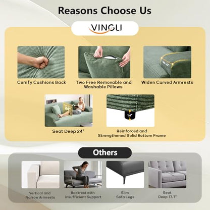 72" W Boneless Loveseat Sofa, Cloud Corduroy Couch in a Box, Compressed Deep Seat Sofa with 10.6" Wide Curved Armrests, Easy Assembly Required for Living Room, Apartments & Office, Green