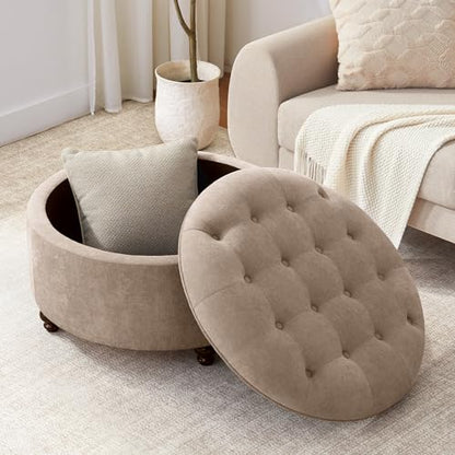 30-Inch Round Storage Ottoman, Modern Button Tufted Coffee Table with Removable Top, Upholstered Ottoman with Storage Footrest Stool for Living Room, Bedroom and Office(Brown)