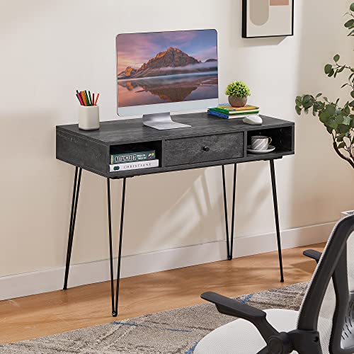 39.3" Home Office Work Table with Drawers,Computer Desk with Hairpin Leg for Writing/Study,Charcoal Grey