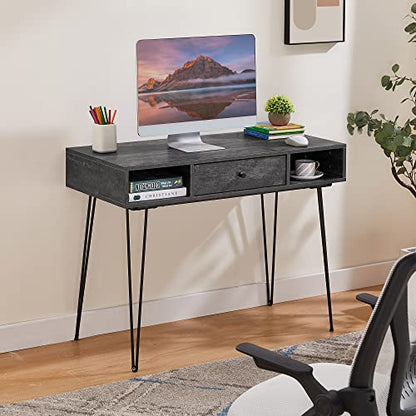 39.3" Home Office Work Table with Drawers,Computer Desk with Hairpin Leg for Writing/Study,Charcoal Grey