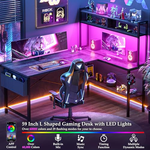 59" L Shaped Desk Gaming Desk with LED Light & Power Outlet, view 5