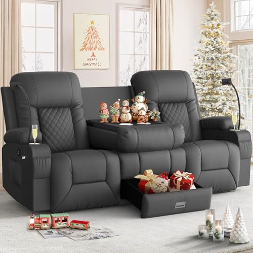 Loveseat Recliner Sofa, 3 Seater Dual Reclining Sofa with Flip Back Console, Modern PU Leather Loveseat Couch for Living Room/RV, with Storage, USB Ports, Cup Holder, Cell Phone Holder, Gray
