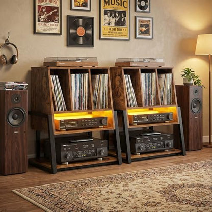 Record Player Stand with Power Outlet, Rustic Brown, view 6