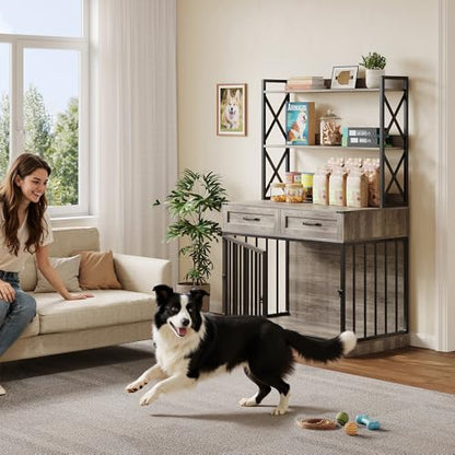 42”×65.4”Dog Crate Furniture, Pet Cage with Storage Drawers & Shelves, view 5
