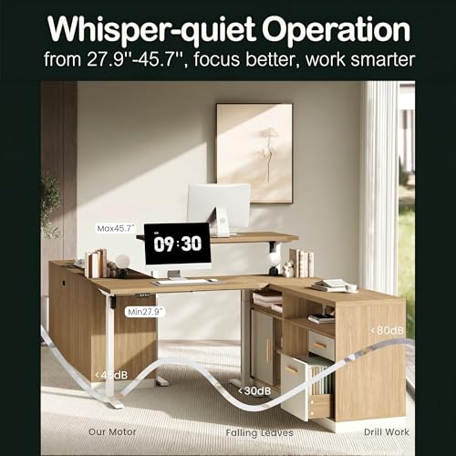 67" L Shaped Standing Desk with Storage, Electric Adjustable Height Executive Desk, Home Office Corner Workstation with 2 File Drawers & Built-in Power Outlets, Light Walnut