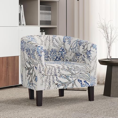 Accent Barrel Arm Chair, Modern Comfy Upholstered Tufted Club Chair with Sturdy Legs and Linen Fabric for Bedroom Living Room - Blue Coral