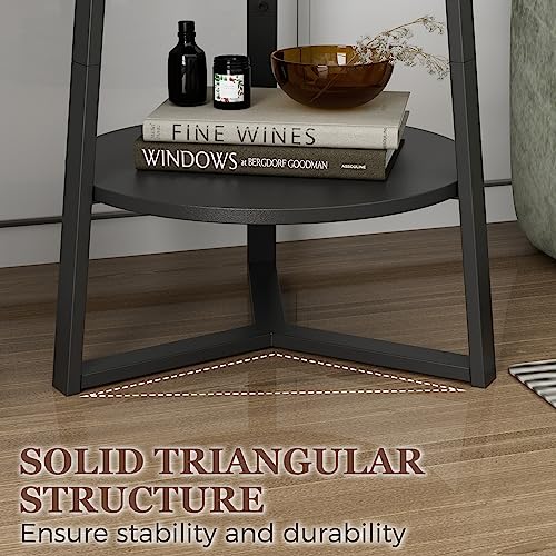 Round End Table with Storage Shelf, 2 Tier Farmhouse Side Table Nightstand for Living Room, Bedroom, Wood Tabletop & Black Metal Frame, Black 15.7 * 15.7 * 23.0inches