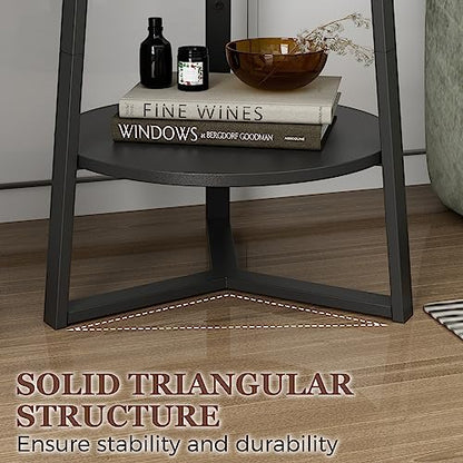 Round End Table with Storage Shelf, 2 Tier Farmhouse Side Table Nightstand for Living Room, Bedroom, Wood Tabletop & Black Metal Frame, Black 15.7 * 15.7 * 23.0inches