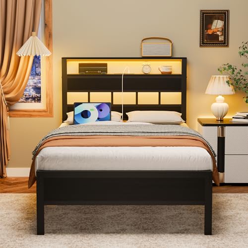 Twin Bed Frames with Charging Station and LED Lights, Black Oak, view 6