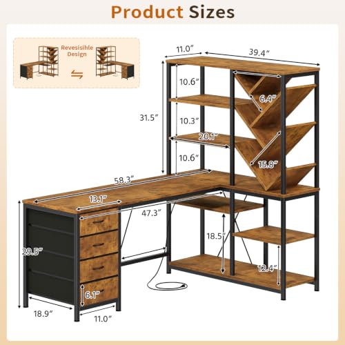 58" L Shaped Desk with Bookshelf and 3 Drawers for Home Office, view 3