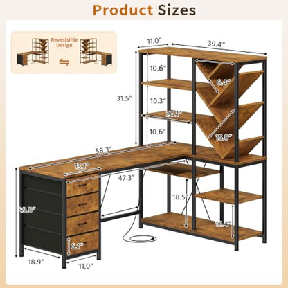 58" L Shaped Desk with Bookshelf and 3 Drawers for Home Office, view 3