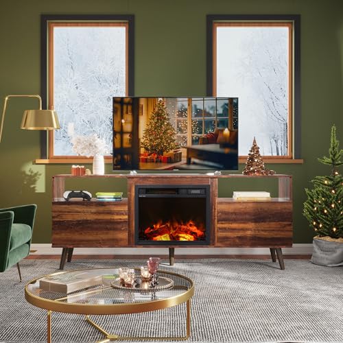 Fireplace TV Stand for 55/65 Inch TV, Storage Cabinets, Brown, view 3
