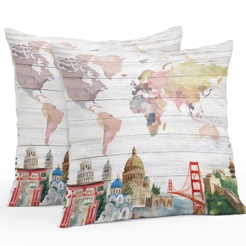 World Map Waterproof Outdoor Pillow Covers Set of 2 Home Decor, Famous Building Tourism Bridge Wood Grain Pillowcase Patio Pillow Covers for Couch Bench Patio Furniture Garden 24x24in