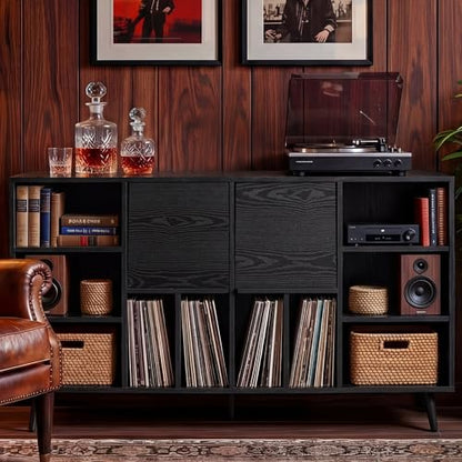 Record Player Stand with Charging Station, 55" Holds 450+ Albums, view 3