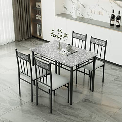 5 Piece Dining Table Set for 4, Faux Marble Kitchen Table and Chairs Set of 4, Vintage Rectangular Dining Room Table with Cushion Padded Seat, Metal and Wood Dining Set Kitchen Furniture, Grey