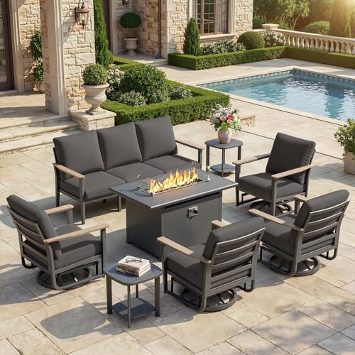 Aluminum Outdoor Patio Furniture Set with 5.1-Inch Cushions | 8-Piece: 3-Seat Sofa, 4 Swivel Rocking Chairs, 2 Side Tables & 55,000 BTU Fire Pit Table, Black