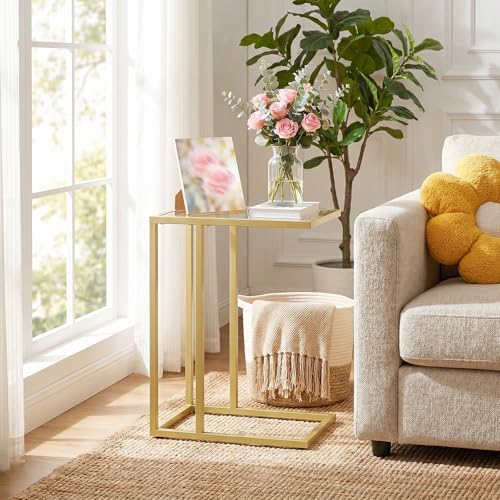 C Shaped End Table, Set of 2, Glass Side Table with Metal Frame, Gold Coffee Table for Small Space, Modern Style, for Living Room, Gold GD03SFP201
