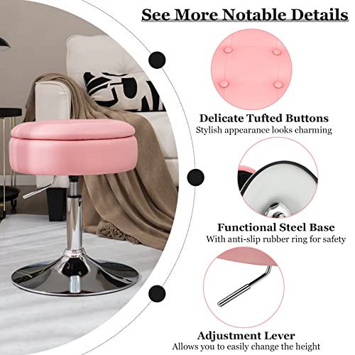 Adjustable Swivel Vanity Stool Set of 2, 360° Swivel 20"-26" Height Adjustable Tufted Round PU Leather Ottoman with Storage, Modern Accent Makeup Chair for Living Room Bedroom, Pink