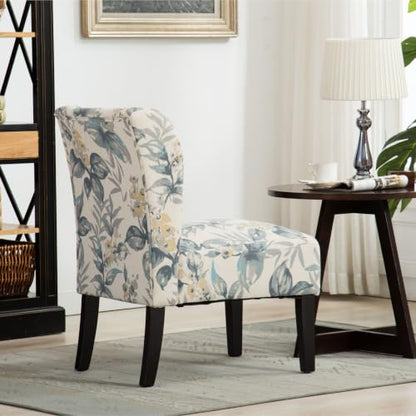 Capa Print abric Armless Contemporary Accent Chair, Blue Leaves
