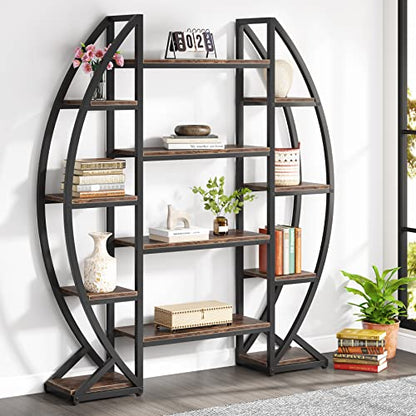 Tribesigns Oval Bookshelf, Triple Wide 5 Tier Etagere Bookcase, Industrial Display Shelves for Living Room (Brown, 55")